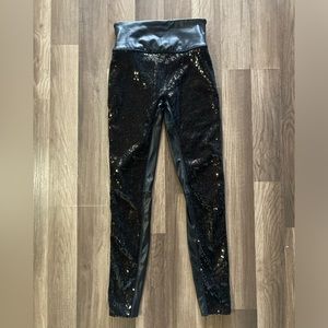 Shimmery SPANX Black Faux Leather SEQUIN Sparkly LEGGINGS-Size SMALL